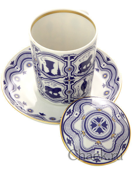 Бокал с крышечкой и блюдцем форма Снежное утро рисунок Сувенир Императорский фарфоровый завод