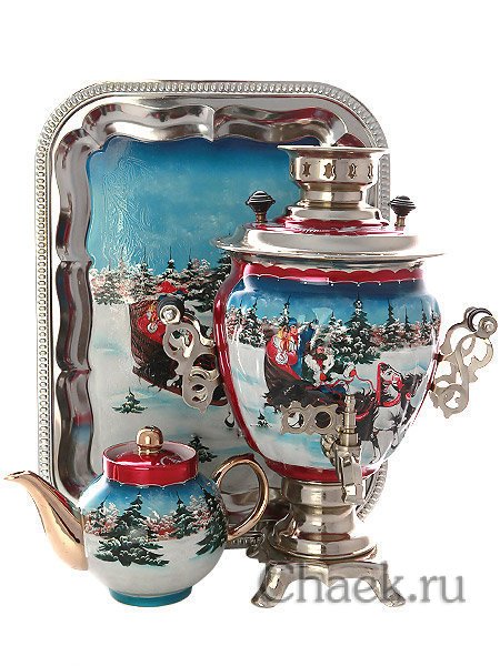 Набор самовар электрический 3 литра с художественной росписью "Тройка зимняя", арт. 130206