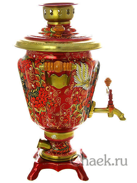 Набор самовар электрический 3 литра с художественной росписью "Хохлома на красном фоне мелкая", арт. 121032