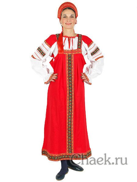 Русский народный костюм "Забава" для танцев льняной комплект красный сарафан и блузка XS-L