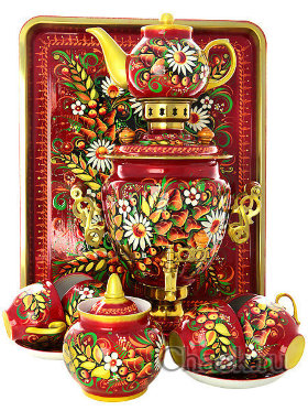 Набор самовар электрический 3 литра с художественной росписью &quot;Хохлома на красном фоне&quot; с чайным сервизом, арт. 110651с