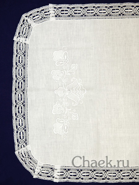 Салфетка овальная белая с белым кружевом и кружевной отделкой арт. 0с-824, 95х50