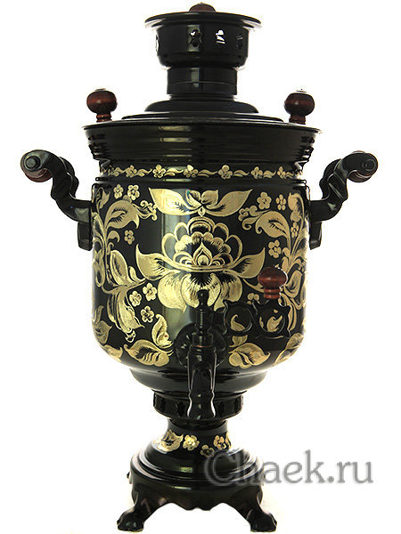 Дровяной самовар 5 литров цилиндр с гравюрой "Цветы" (черный никель) арт. 210542