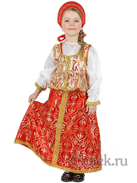 Русский народный костюм детский атласный комплект "Люкс" сарафан и блузка возраст 8-12 лет