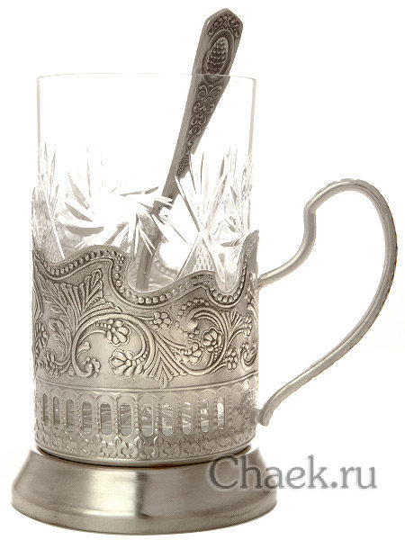 Набор для чая с подстаканником "Кольчугинские зори Глухарь в кольце" посеребренный Кольчугино