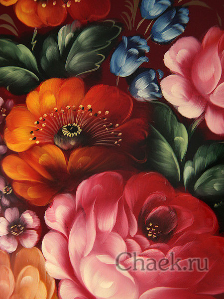 Поднос с художественной росписью "Цветы на бордовом фоне"  арт. 2043