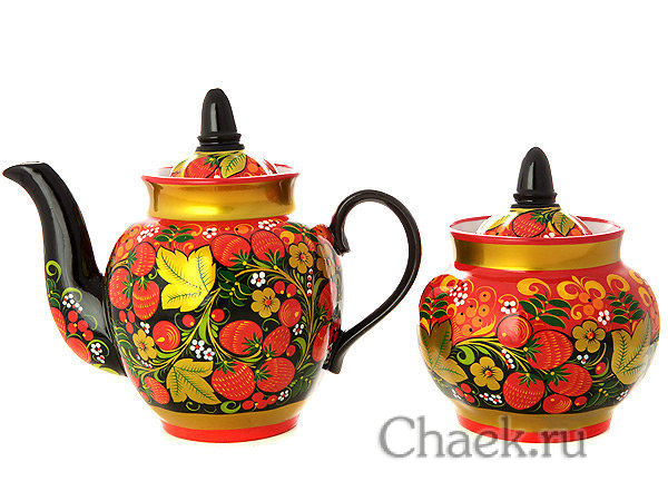 Чайный сервиз "Клубника двойной фон" Хохлома Чайный сервиз "Клубника двойной фон" Хохлома