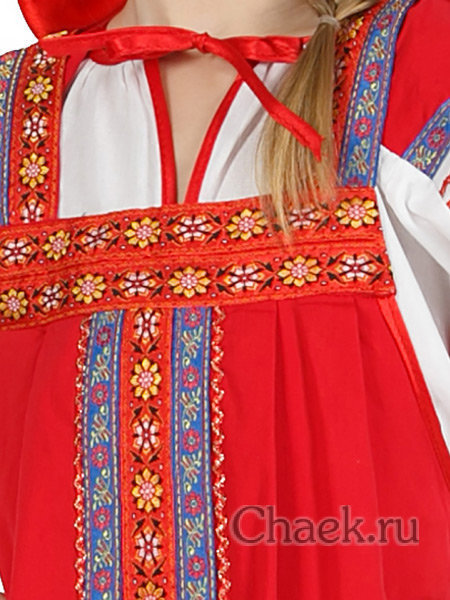 Русский народный сарафан "Дуняша" для девочки хлопковый красный сарафан и блузка 7-12 лет