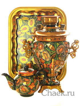 Набор самовар электрический 3 литра с художественной росписью &quot;Хохлома рыжая золотые ромашки&quot;, арт. 121082