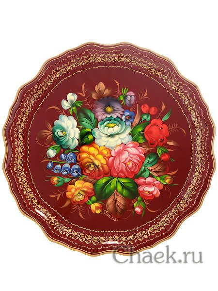 Поднос с художественной росписью "Цветы на бордовом фоне", круглый, арт. 9286
