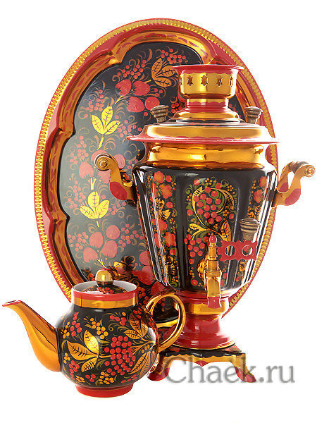 Набор самовар электрический 3 литра с художественной росписью "Хохлома рыжая", арт. 131343
