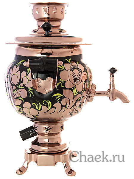 Электрический самовар 3 литра с художественной росписью "Золотые цветы на черном фоне (медь)", арт. 140636
