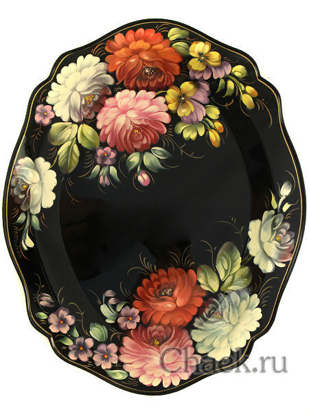 Поднос с художественной росписью "Цветы на черном фоне", малый овальный глубокий, арт. 5012