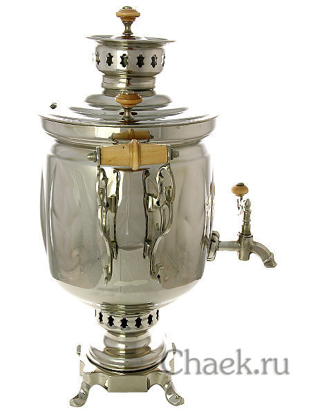 Угольный самовар 5 л цилиндр никелированный "Листья" с ажурными ручками
