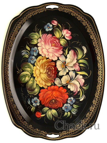 Поднос с художественной росписью "Цветы на черном фоне", овал с фигурным краем, арт. 2039