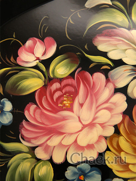 Поднос с художественной росписью "Цветы на черном фоне", овал с фигурным краем, арт. 2039