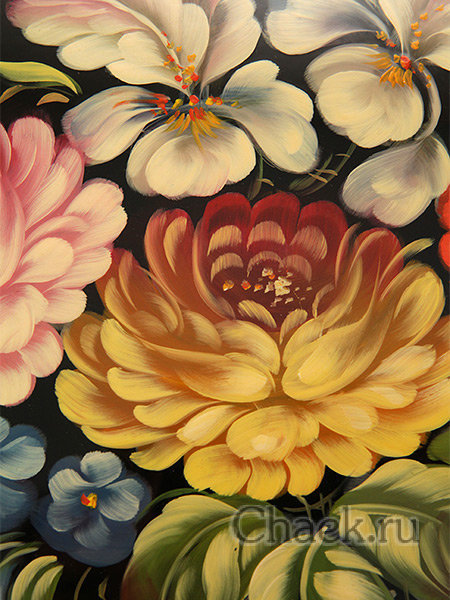 Поднос с художественной росписью "Цветы на черном фоне", овал с фигурным краем, арт. 2039