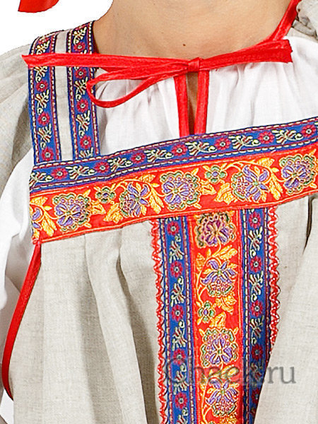 Русский сарафан "Забава" льняной бежевый и блузка XL-XXXL