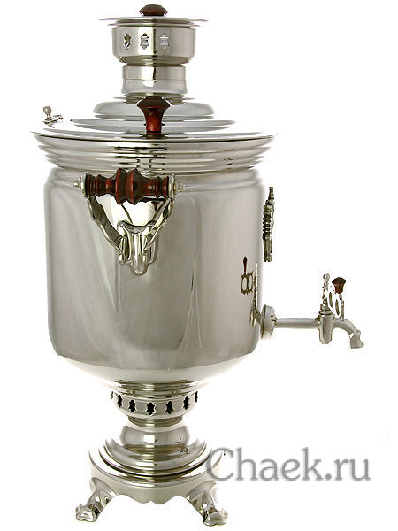 Угольный самовар 5 л цилиндр никелированный с накладным Гербом РФ Угольный самовар 5 л цилиндр никелированный с накладным Гербом РФ