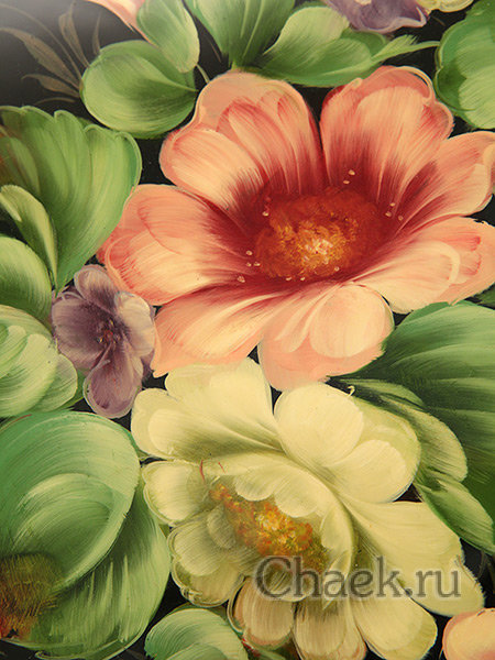 Поднос с художественной росписью "Цветы на черном фоне", овал с фигурным краем, арт. 5023