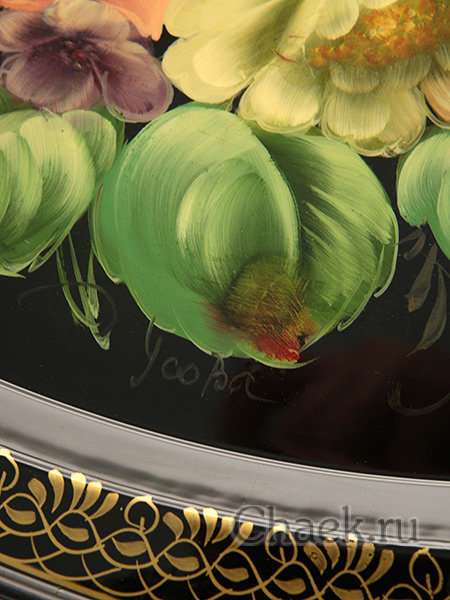 Поднос с художественной росписью "Цветы на черном фоне", овал с фигурным краем, арт. 5023