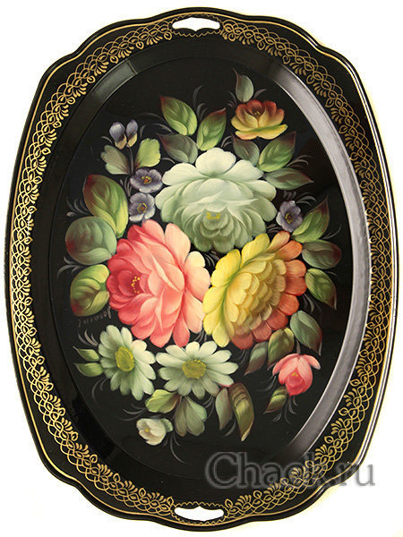 Поднос с художественной росписью "Цветы на черном фоне", овал с фигурным краем, арт. 5043