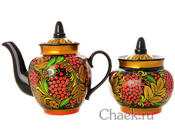 Чайный сервиз "Черный фон. Рябинка" на 6 персон Хохлома